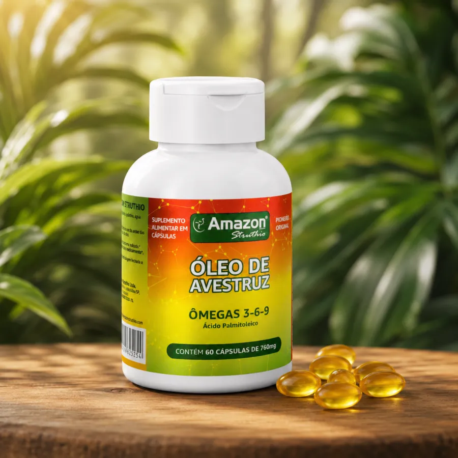 Frasco de Óleo de Avestruz Amazon Struthio com cápsulas de gel